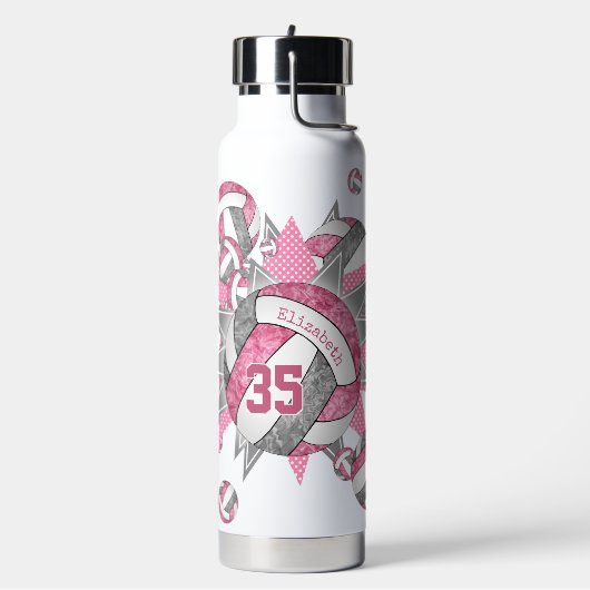 女の子スポーティーなピンク色のグレーバレーボールの吹き出し ウォーターボトル (左面)