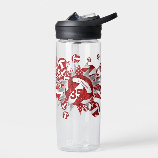 女の子スポーティー赤い白いグレーバレーボールのスター ウォーターボトル (左面)