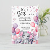 女の子ゾウのピンクの風船ベビーシャワー 招待状 (スタンド正面)