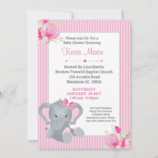 女の子ゾウのフローラが本を持ってくる赤ちゃんシャワー 招待状 (正面)