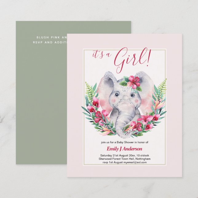 女の子ゾウの花ベビーシャワー性別を表示 (正面/裏面)