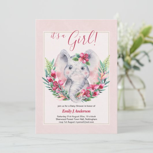 女の子ゾウの花ベビーシャワー性別を表示 招待状 (スタンド正面)