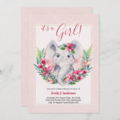 女の子ゾウの花ベビーシャワー性別を表示 招待状 (正面/裏面)