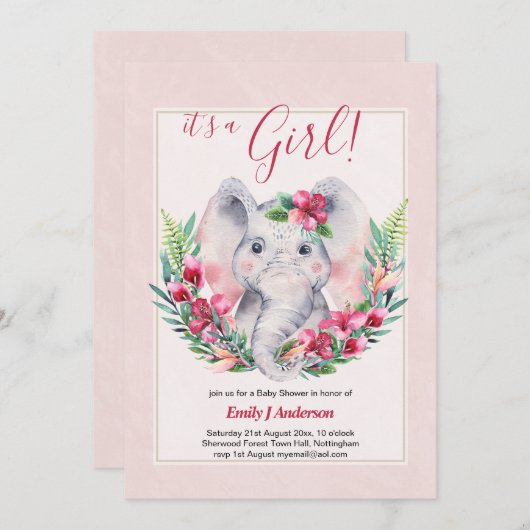 女の子ゾウの花ベビーシャワー性別を表示 招待状 (正面/裏面)