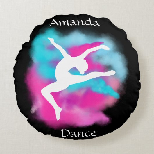 女の子ダンスリープピンクブルーカラー爆弾と名前 ラウンドクッション (正面)