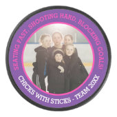 女の子チームの写真とスローガン紫ピンク アイスホッケーパック (正面)