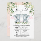 女の子ツインエレファントバルーンベビーシャワー 招待状 (正面/裏面)