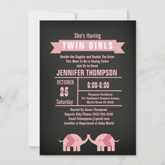 女の子ツインエレファントベビーシャワーシャルボード 招待状 (正面)