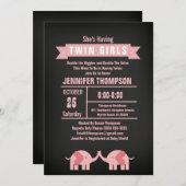 女の子ツインエレファントベビーシャワーシャルボード 招待状 (正面/裏面)