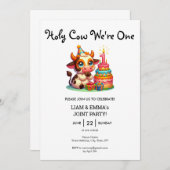 女の子ツインズホーリーカウー私たちは1歳の誕生日のジョイント 招待状 (正面/裏面)