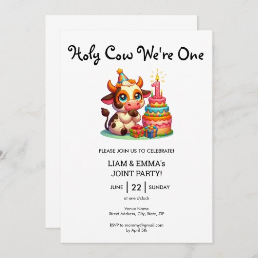 女の子ツインズホーリーカウー私たちは1歳の誕生日のジョイント 招待状 (正面/裏面)
