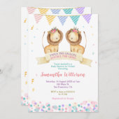 女の子ツインライオンCubs赤ちゃんシャワー二回ギグレ 招待状 (正面/裏面)