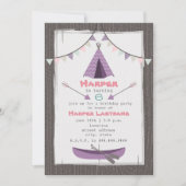 女の子ティピ誕生日パーティー招待ピンク+紫 招待状 (正面)