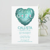 女の子ティール(緑がかった色)グリッターバルーンベイビーシャワー 招待状 (スタンド正面)