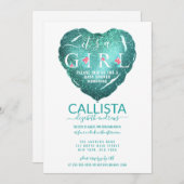 女の子ティール(緑がかった色)グリッターバルーンベイビーシャワー 招待状 (正面/裏面)