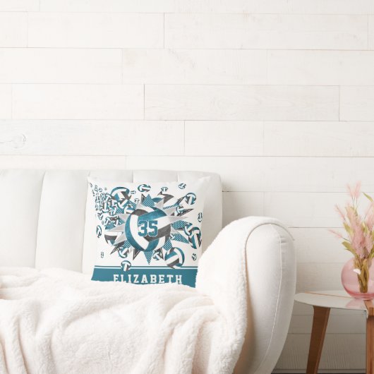 女の子ティール（緑がかった色）ブラックバレーボールスターアスリート名 クッション (ソファ)