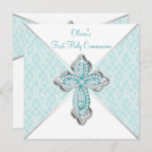 女の子ティール（緑がかった色）ブルーファーストホーリーコミュニオン 招待状 (正面/裏面)