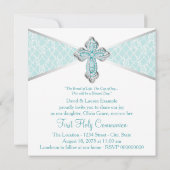 女の子ティール（緑がかった色）ブルーファーストホーリーコミュニオン 招待状 (裏面)