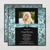 女の子ティール（緑がかった色）ブルー写真卒業 招待状 (正面/裏面)