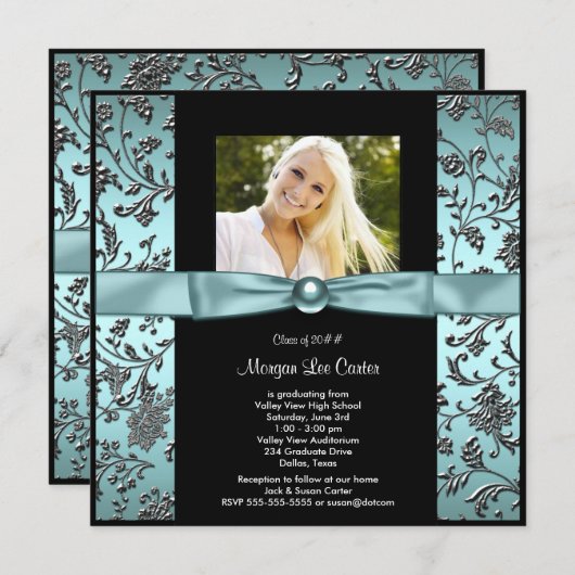 女の子ティール(緑がかった色)ブルー写真卒業 招待状 (正面/裏面)