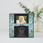 女の子ティール（緑がかった色）ブルー写真卒業 招待状 (スタンド正面)