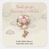 女の子テディクマのピンクの茶色のベージュの風船の熱い空気 スクエアシール (正面)