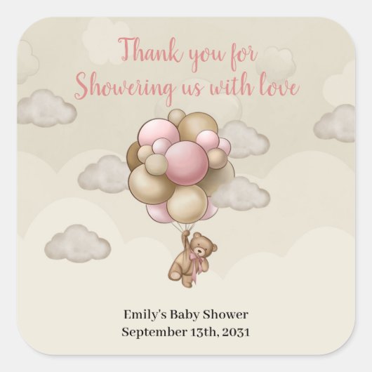 女の子テディクマのピンクの茶色のベージュの風船の熱い空気 スクエアシール (正面)