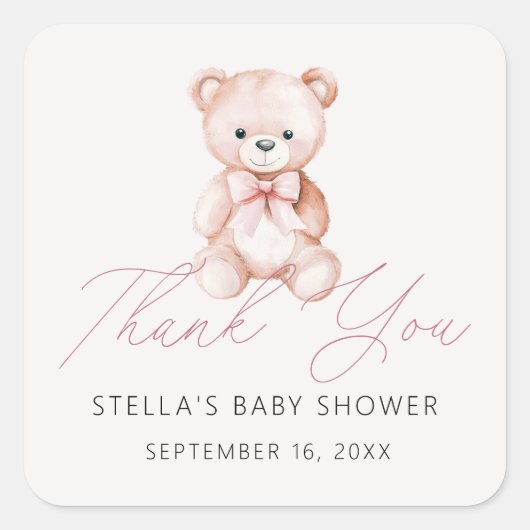 女の子テディベアありがとう赤ちゃんシャワー スクエアシール (正面)