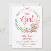 女の子テディベアのフローラアーチ赤ちゃんシャワー 招待状 (正面)