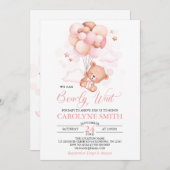 女の子テディベアピンクバルーンベビーシャワー 招待状 (正面/裏面)