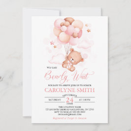 女の子テディベアピンクバルーンベビーシャワー 招待状