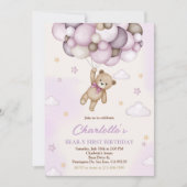 女の子テディベアピンクブラウンバルーン1st誕生日 招待状 (正面)