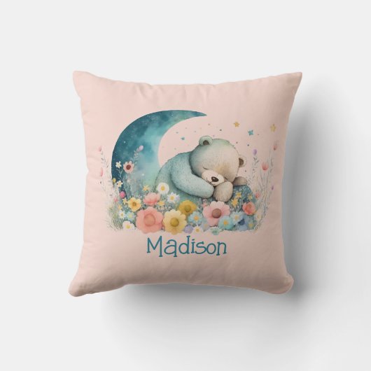 女の子テディベアワイルドフラワームーンパーソナライズされた クッション (裏面)