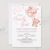 女の子テディベアーバルーンバーリーウェイベビーシャワー 招待状 (正面)