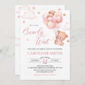 女の子テディベアーバルーンバーリーウェイベビーシャワー 招待状 (正面/裏面)