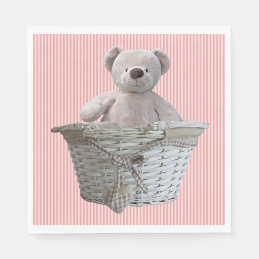 女の子テディベアーピンクのベビーシャワーストライプの赤ちゃん スタンダードランチョンナプキン (正面)