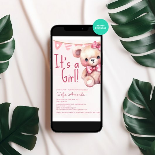 女の子テディベアーピンクの赤ちゃんシャワー 招待状