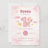 女の子テディベアーピンク1st誕生日 招待状 (正面)