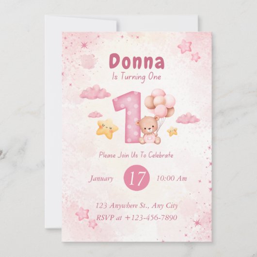 女の子テディベアーピンク1st誕生日 招待状 (正面)