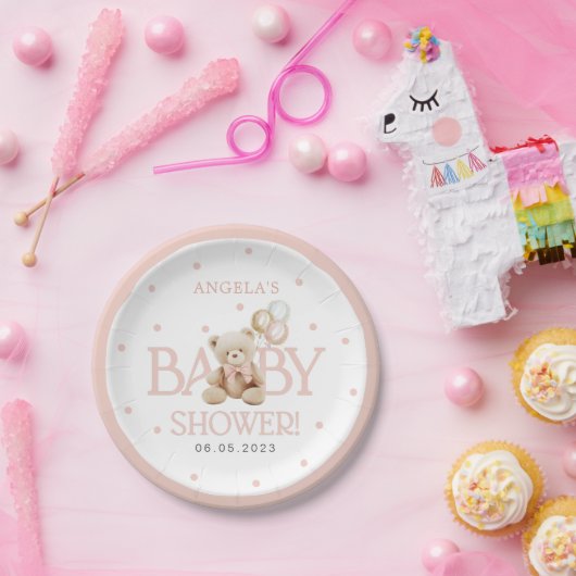 女の子テディベア我々は赤ちゃんシャワーを待つことができる ペーパープレート (パーティー)
