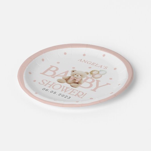 女の子テディベア我々は赤ちゃんシャワーを待つことができる ペーパープレート (アングル)