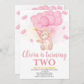 女の子テディベア誕生日、水彩風船 招待状 (正面/裏面)