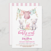 女の子テディベア赤ちゃんシャワーピンク辛うじて待つ 招待状 (正面/裏面)