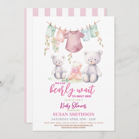 女の子テディベア赤ちゃんシャワーピンク辛うじて待つ 招待状 (正面/裏面)