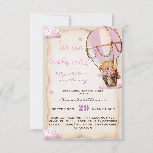 女の子テディベア赤ちゃん素朴ガールシャワー 招待状 (正面)