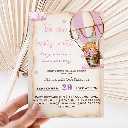 女の子テディベア赤ちゃん素朴ガールシャワー 招待状