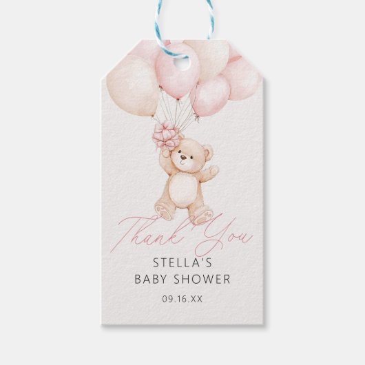 女の子テディベア風船ありがとう赤ちゃんシャワー ギフトタグ (正面)