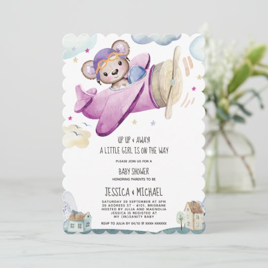 女の子テディベア飛行機の赤ちゃんシャワー 招待状 (スタンド正面)
