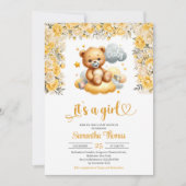 女の子テディベア黄色の花の女の子の赤ちゃんシャワー 招待状