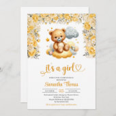 女の子テディベア黄色の花の女の子の赤ちゃんシャワー 招待状 (正面/裏面)
